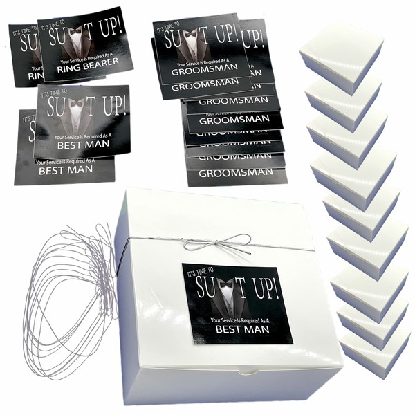 Groomsmen Proposal Gift Boxes Set of 10 Empty 8x8x3.5 Boxes with 14 Labels to Ask 10 Groomsmen, 2 Best Men and 2 Ring Bearers with 10 Silver String Loops. (White)