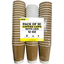 Zuvo Ripple Takeaway Paper Coffee Cups with Lids [30 Cups - 12 OZ] Best for Hot Drinks (Packaging May Vary)