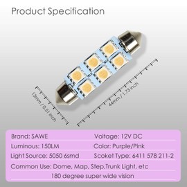 SAWE - 44MM 6-SMD 5050 Festoon Dome Map Interior LED Light Bulbs Lamp For 6411 578 211-2 212-2 (4 pieces) (Pink/Purple)