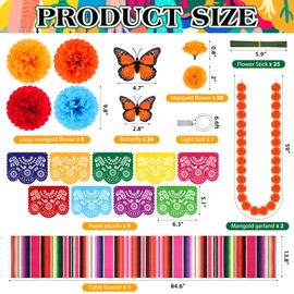 87 Pcs Day of The Dead Decorations, Dia De Los Muertos Decor 50 Marigold Flowers,Marigold Garlands,Mexican Party Banner,Table Runner,8 Paper Flowers,24 Monarch Butterflies Altar Decor for Diwali Party