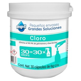 CLORO Drop-it cubeta con 30 bolsas con Fórmula Concentrada en Polvo, Rinde 30 litros. Blanqueador Potente, Elimina Manchas y Microorganismos, Para Ropa Hospitalaria, Rinde 30 litros.