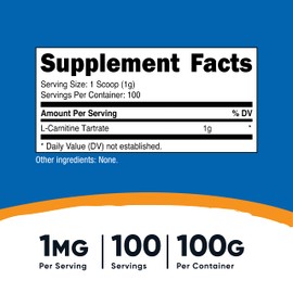 Nutricost L-Carnitine Tartrate Powder (100 Grams) - 1 Gram per Serving; 100 Servings