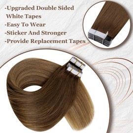 Hetto Tape in Hair Extensions Human Hair Balayage Brown Tape in Human Hair Extensions Balayage Brown to Light Brown with Dark Blonde Tape Hair Extensions Real Human Hair 14inch 50g 20pcs #6/8/14