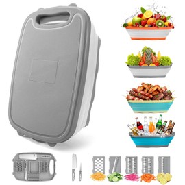 Gintan Camping Cutting Board, 9-in-1 Collapsible Chopping Board with Colander, Outdoor-Kitchen Vegetable Washing Basket for Campers, Camping Gifts Camping Accessories for RV Campers (Gray)