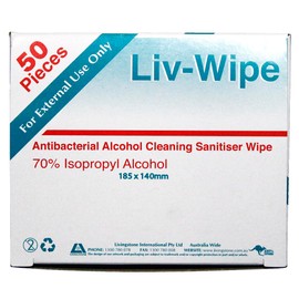 Liv-Wipe Antibacterial Alcohol Cleaning Sanitiser Wipe 70% Isopropyl Alcohol 18.5 x 14cm Prefolded Box of 50
