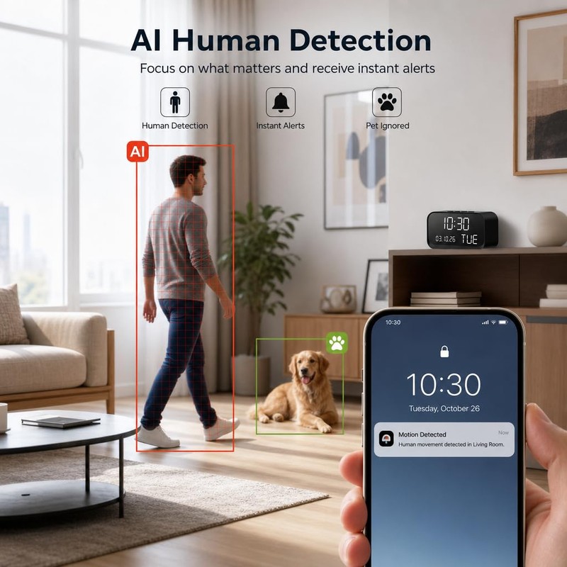 Clock Camera with 1080P HD Live, AI Human Motion Alerts,