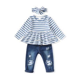 SODLON 18 Months Girl Clothes Toddler Baby Clothes 24 Months Girls Clothes Infant Ripped Denim Pants Striped Ruffle Shirt 18-24 Months Girl Clothing Winter Fall Jeans Outfits Sets for Girls Blue
