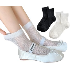 Ekieta Women's Socks, Cute, Lace, Cotton, Cute Socks, Cotton, Crew Socks, Thin, Breathable, Non-stuffy, Stylish, Lolita, Black and White, 2 Pairs Set, Spring and Summer, Vertical Stripes Hollow - 2
