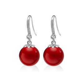 YAXUN 925 Sterling Silver Pearl Earrings For Women with AAAAA Cubic Zirconia Crystal Diamond - 12mm Round Red Pearl Dangle Drop Hook Earrings Fashion Jewellery Gifts