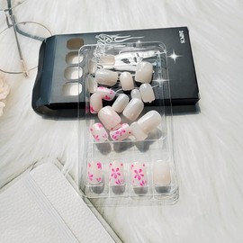 24 Pcs Off White Press on Nails Short Square,MINGCHUN Spring Cute Fake Nails Press ons Acrylic Nail Art Tip Kit Full Cover Summer False Nails Glue on Nails with Glossy Glitter Flowers Design for Women