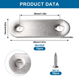 VooGenzek 15 Pieces 46 x 16 x 2 mm Flat Straight Corner Braces, Stainless Steel Flat Corner Bracket, Flat Mending Connection Plates, Flat Plate Straight Brackets, with 30 Screws, for Wood Furniture