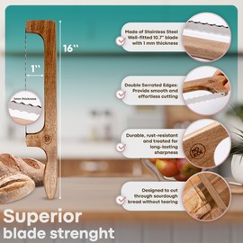 MO KÖE 16” Bow Bread Knife for Right & Left Handed Users - Wooden Bread Knife with Double Serrated Stainless Steel Blade - Perfect for Homemade & Sourdough Bread