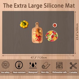 47.3''x23.6''(120cmx60cm) Extra Large Silicone Mat for Kitchen Counter, 1.5MM Thick Non-Slip Heat Resistant Countertop Protector, Waterproof Durable Kitchen Mat for Countertops, Translucent Gray