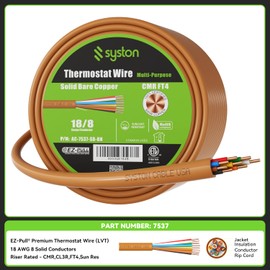 Syston 18/8 Thermostat Doorbell HAVC Heating Control Cable Wire, 18 AWG 8 Conductors 100% Solid Copper Conductors CL3R/FT4/CMR Riser-Rated, UV Resistant RoHS for Low Voltage Applications Use