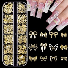 Nail Charms,12 Grids Gold Bow Manicure Kit, 3D Metal Cute Bow Butterfly Nail Charms, 3D Alloy Bowknot Nail Art Gems Luxury Nail Art Decoration for Women Girls