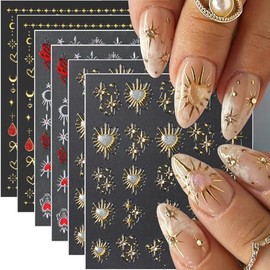 6Pcs Glitter Star Nail Stickers 5D Self Adhesives Rhinestones Design Stars Heart Nail Decals Aurora Gold Silver Red Snake Sun Moon Bow Nail Decoration Metallic Star Nail Art Stickers for Nail Supplies