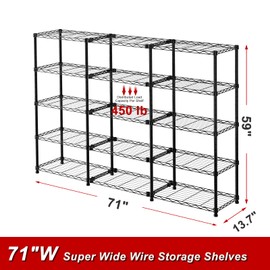 UNITSTAGE 5 Tier Storage Shelves 71''W Wire Shelving Unit with Shelf Heavy Duty Metal Shelves for Storage Adjustable Garage Shelving Rack Pantry Kitchen, 71''W X 59" H X 13.7" D