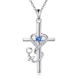 POPLYKE Cross Stethoscope Necklace Sterling Silver Medical Jewellery for Doctor Nurse Medical Student RN Nurse Gifts for Women, Sterling Silver, Cubic Zirconia
