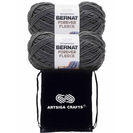 Bernat Forever Fleece Coal 166061-61025 (2-Skeins - Same Dye Lot) Weight S Bulky #6 Polyester Yarn for Crocheting and Knitting with Project Bag