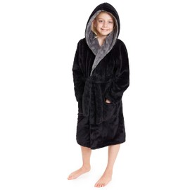 CityComfort Dressing Gown Boys, Kids Fleece Hooded Dressing Gown 7-14 Years (13-14 Years, Black)
