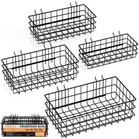 INCLY 4 Pack Pegboard Baskets Bins Set, 4 Size Square Style Black Metal Wire Basket for Any Peg Board Organizing Tools, Pegboard Accessories for Workbench Garage Wall Storage Attachments