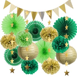 Graduation Decorations Green and Gold Paper Fans Party Decoration Hanging Paper Lanterns Tissue Paper Pom Poms Green and Gold Party Decorations for Birthday Baby Shower Birdal Shower Bachelorette