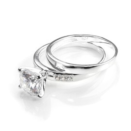 Sterling Silver & CZ Crystal Engagement Wedding Ring Set - Size J (J - U Available)