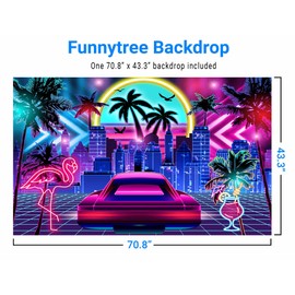 Funnytree Miami Backdrop for Retro 80s Summer Disco Style Birthday Party Supplies Decoration Tropical Neon City Flamingo Palm Tree Decor Background Photo Booth Banner Props