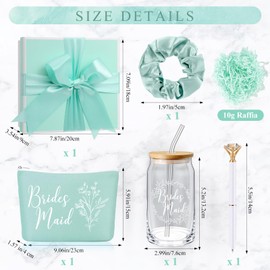 Umigy Bridesmaid Glass Cup Gift Box Set of 5 Include Glass Cup with Lid Makeup Bag Scrunchies Hair Ties Diamond Ballpoint Proposal Gift with Raffia for Wedding Party Favors (Green,Bridesmaid)