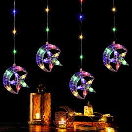 Ramadan Decorations for Home LED Eid String Window Lights 3ft Hanging 4 Moon and Star Battery and USB Powered Ramadan Lights Decorations for Eid Mubarak Decor (Yellow, Red, Blue, Green)