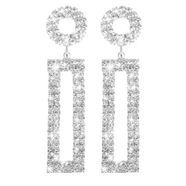 Earrings Square Silver Rhinestone Long Drop Large Earrings Statement Rectangular Pendant with Round Rivets Fashion Jewellery Prom Party Wedding Jewellery Sparkling Chandelier Earrings, Rhinestone, No