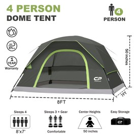 CAMPROS CP 4 Person Tent, Dome Tents for Camping with Rainfly, Waterproof Camping Tent Easy Set Up, Portable Family Tent with Large Mesh Window & Carry Bag for Outdoor Hiking