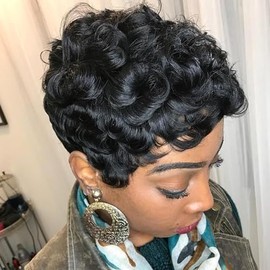 VCK Short Human Hair Wigs for Women Short Curly Human Hair Wigs Pixie Cut Wigs for Black Women Black Wigs Brazilian Remy Human Hair Glueless Full Machine Made 1B Color