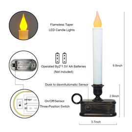 ZAXIFLY Set of 4 Battery-Powered Christmas Window Candles,9 Inch LED Flameless Taper Lights with Dusk to Dawn Sensor, Antique Bronze Base,for Holiday Decor