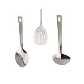 Kitchen Utensils Set Stainless Steel Serving Spoons Utensil Includes A Spoon A Ladle and A Strainer Cooking Tools Multiuses Skimmer Slotted Tool Cookware Spatula with Hanging Hole Silver (Set of 3)