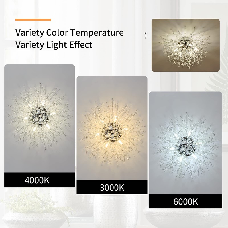 Chrome Firework Flush Mount Ceiling Light Fixture, Modern Crystal Sputnik