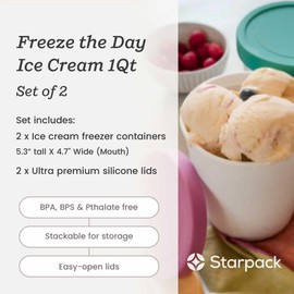Starpack 'Freeze the Day' Ice Cream Storage Containers for Freezer (2 Pcs) - 1 Quart Ice Cream Containers for Homemade Ice Cream - Reusable Ice Cream Containers with Lids - Leak-Free Lids (Silicone)