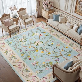 jinchan Floral 6x9 Area Rugs, Machine Washable Rug Netural Indoor Non Slip, Chinoiserie Flower Printed Oriental Vintage Soft Carpet for Bedroom Living Room Dining Room, Blue/Pink