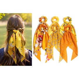 Bow Scrunchies for Women – Yellow Hair Scarf Scrunchy & Ribbon Hair Ties | Elegant Scrunchie with Bow | Soft Hair Ribbons (6-Pack, Assorted Colors) (Yellow Pack)