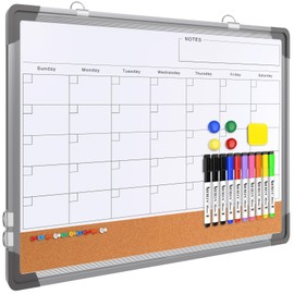 Monthly Calendar Whiteboard Dry Erase Cork Board Combination for Wall, 24"x18" Magnetic Dry Erase Board, Double-Sided White Board, Portable Board for Office, Kitchen, Planning, Memo, School, Home