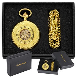 Tiong Men's Mechanical Pocket Watch Black + Brown + Silver Fob Chain Roman Digital Steampunk Pocket Watch for Men .., mpw136-uk, Antique