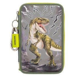 Depesche 11758 Dino World Reflector - Filled 3-Compartment Pencil Case in Green/Grey with Dino Motif and Flashing, Reflective Pencil Case with Colouring Pencils, Ruler, Scissors and Much More