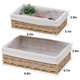 Sopsele Small Storage Baskets for Bathroom，Small Woven Basket With liner，Beige Small Rectangular Wicker Basket for Bedroom, Shelves, Living Room,Bathroom, Kitchen, Set of 2 Beige