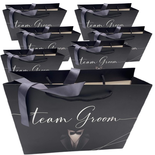 Groomsmen Gift Bags, 14"x10"x4.5" Euro Style, Premium Matte With Handle & Satin Ribbon, Set Of 7. In Silver Foil For Groomsmen Proposal , Bachelor Favors or Team Groom Gifts. (Black & Silver Foil, 7)
