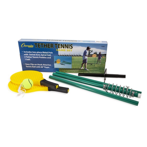 Champion Sports TTGAME Tetherball Tennis: Swingball Outdoor Lawn Game for Kids, Adults, and Families - Backyard Tether Kit with Tennis Ball and Paddle Set