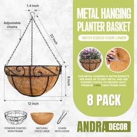 8 Pack 12 Inch Metal Round Hanging Planter Basket with Coco Coir Liner Outdoor Indoor Large Hanging Flower Pots Chain Hanging Basket for Garden, Home Decor, Balcony, and Office
