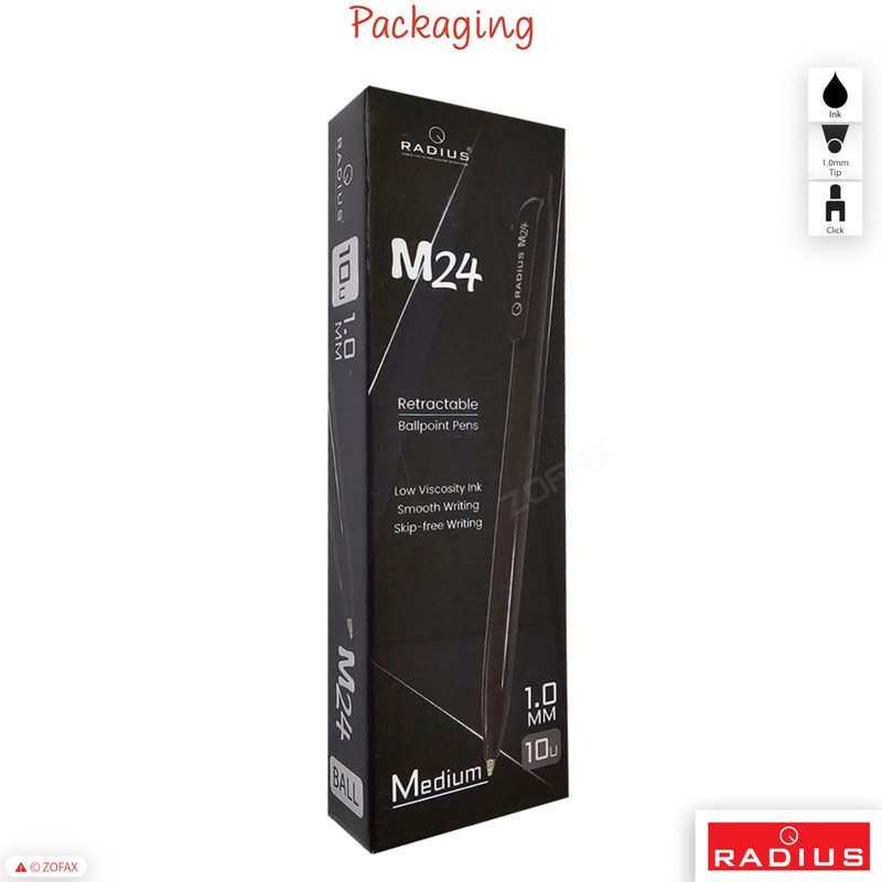 RADIUS M24 Retractable Ballpoint Pens, BLACK, Medium Point (1.0mm), Pack