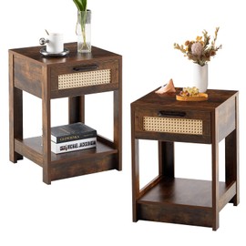 LETESA Rattan Nightstands Set of 2, with Rattan Decor Drawer and Open Shelf, Bed Side Tables with Solid Wood Feet, End Table, Night Stands, for Bedroom, Living Room (2, Rustic Brown-Square)