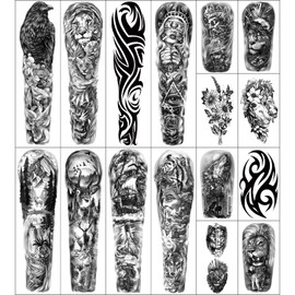 46 Sheets Full Arm Temporary Tattoos Waterproof For Men(L22.8“xW7”), Fake Tattoos for Women Lion Tiger Clock Flower Skeleton Animals Design, Hand Forearm Shoulder 3D Tattoos for Halloween