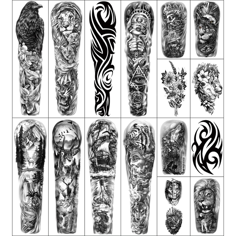 46 Sheets Full Arm Temporary Tattoos Waterproof For Men(L22.8“xW7”), Fake